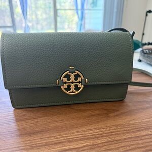 Tory Burch Olive Green Leather Crossbody with Gold Logo